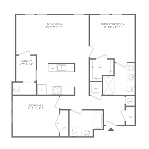 Floor plan for 2 beds, 2 baths, 1073 sqft